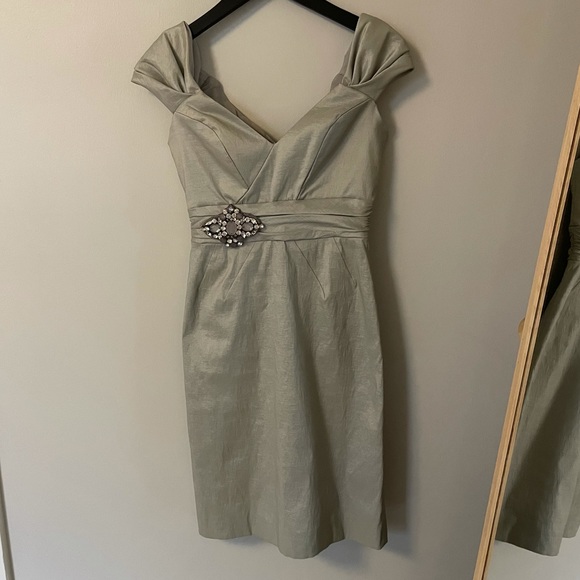 Badgley Mischka Cocktail Dress • Silver Shimmer with Broach & Cuff Off Shoulder - Picture 4 of 8